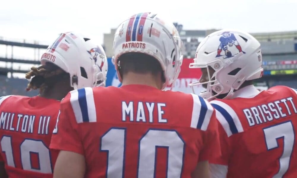 New England Patriots quarterbacks Drake Maye, Jacoby Brissett, and Joe Milton III